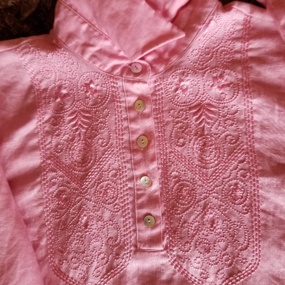 Irish linen, embroidery, 3/4 sleeve, open/closed collar, M, Edward's, vintage - Picture 3 of 8